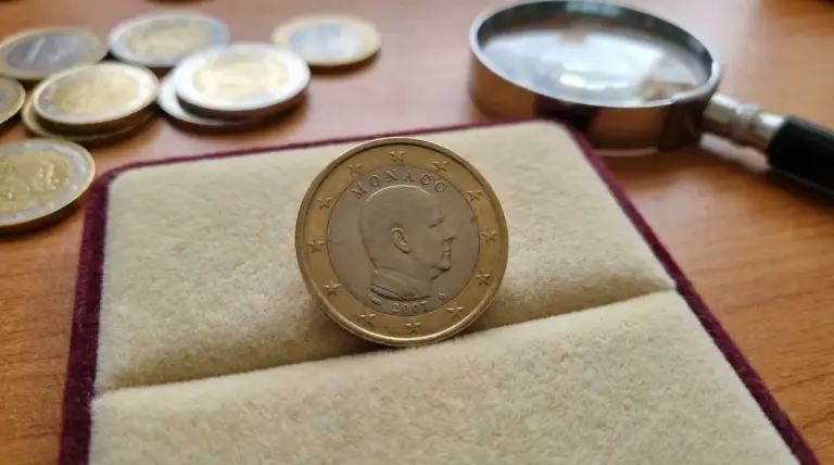 Moneta da 1 euro del 2007 di Monaco esposta su supporto in velluto con lente d'ingrandimento sullo sfondo