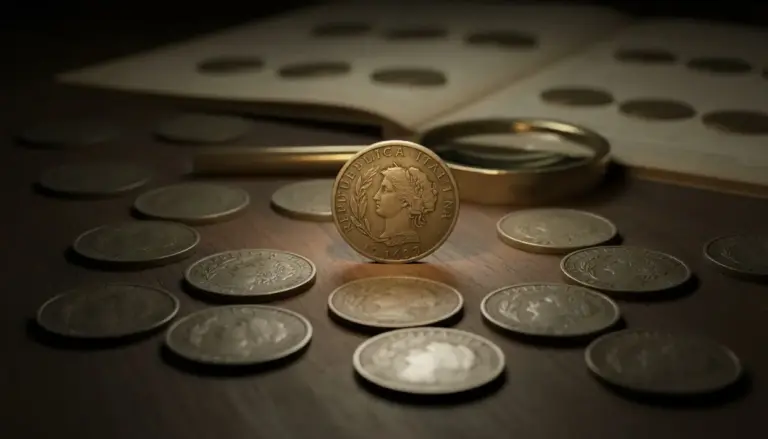 Monete da 100 lire del 1963 disposte su un tavolo con lente d'ingrandimento e album da collezione