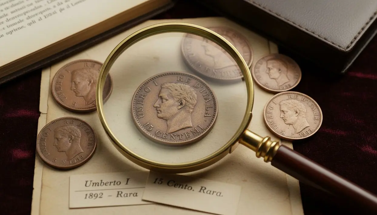 Moneta da 15 centesimi con effigie di Umberto I osservata con lente d'ingrandimento