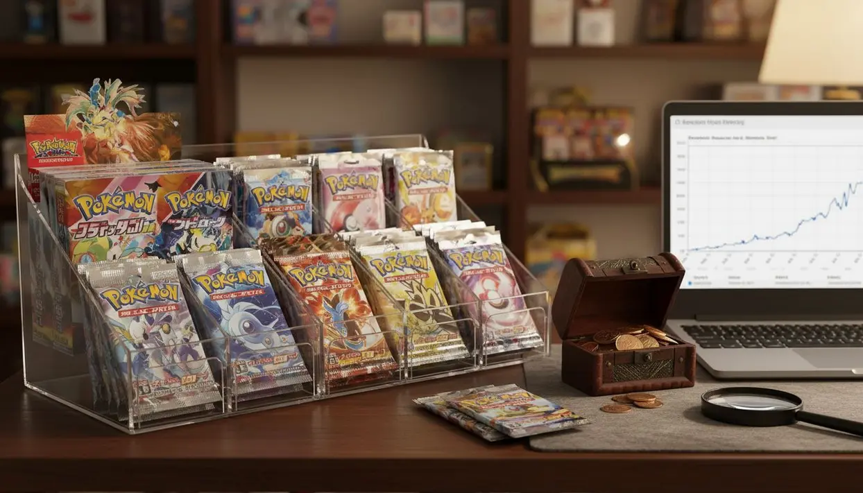 Buste sigillate di carte Pokémon esposte su un supporto trasparente vicino a un laptop e a un forziere con monete