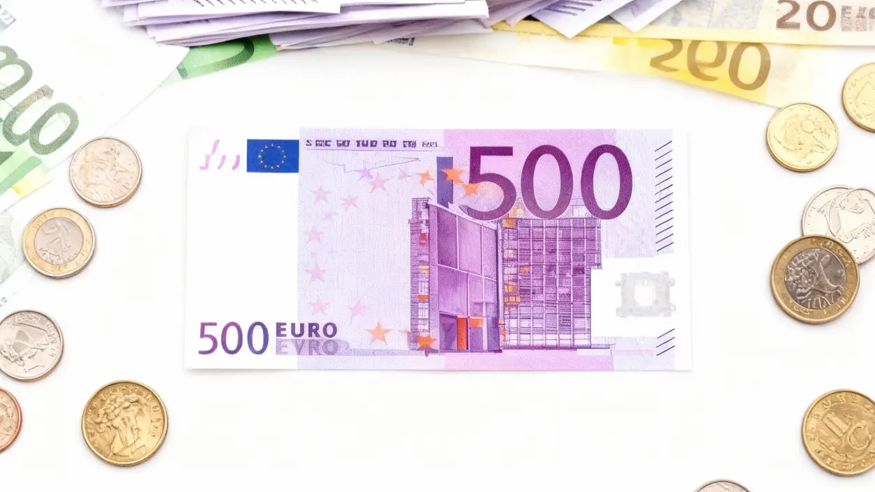 Banconota da 500 euro circondata da monete e altre banconote euro
