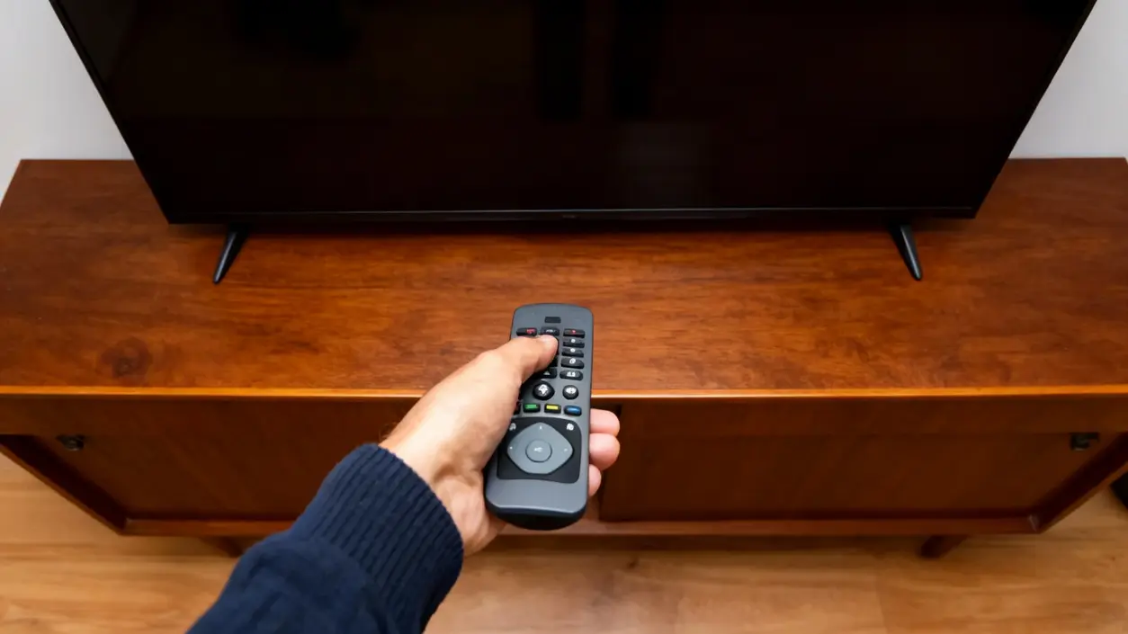 Persona che punta un telecomando verso una televisione spenta su mobile in legno