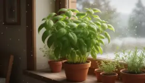 Pianta di basilico rigogliosa in vaso su davanzale interno durante una giornata invernale