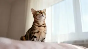 Gatto seduto su un letto in una stanza luminosa