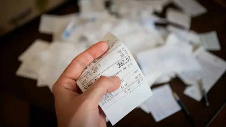 Una mano tiene uno scontrino sopra un tavolo pieno di ricevute e documenti.
