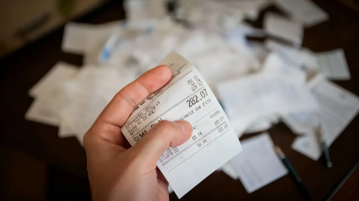 Una mano tiene uno scontrino sopra un tavolo pieno di ricevute e documenti.