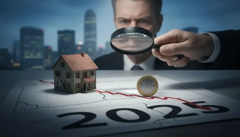 Una persona osserva con lente d’ingrandimento un grafico con casa, moneta da un euro e linea rossa discendente