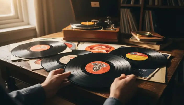 Mani che esaminano dischi in vinile su un tavolo di legno accanto a un giradischi