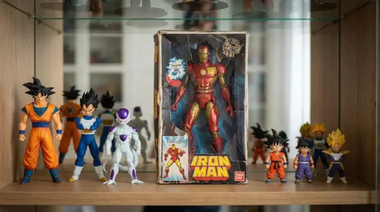 Action figure da collezione esposte su uno scaffale, tra cui un Iron Man in confezione originale