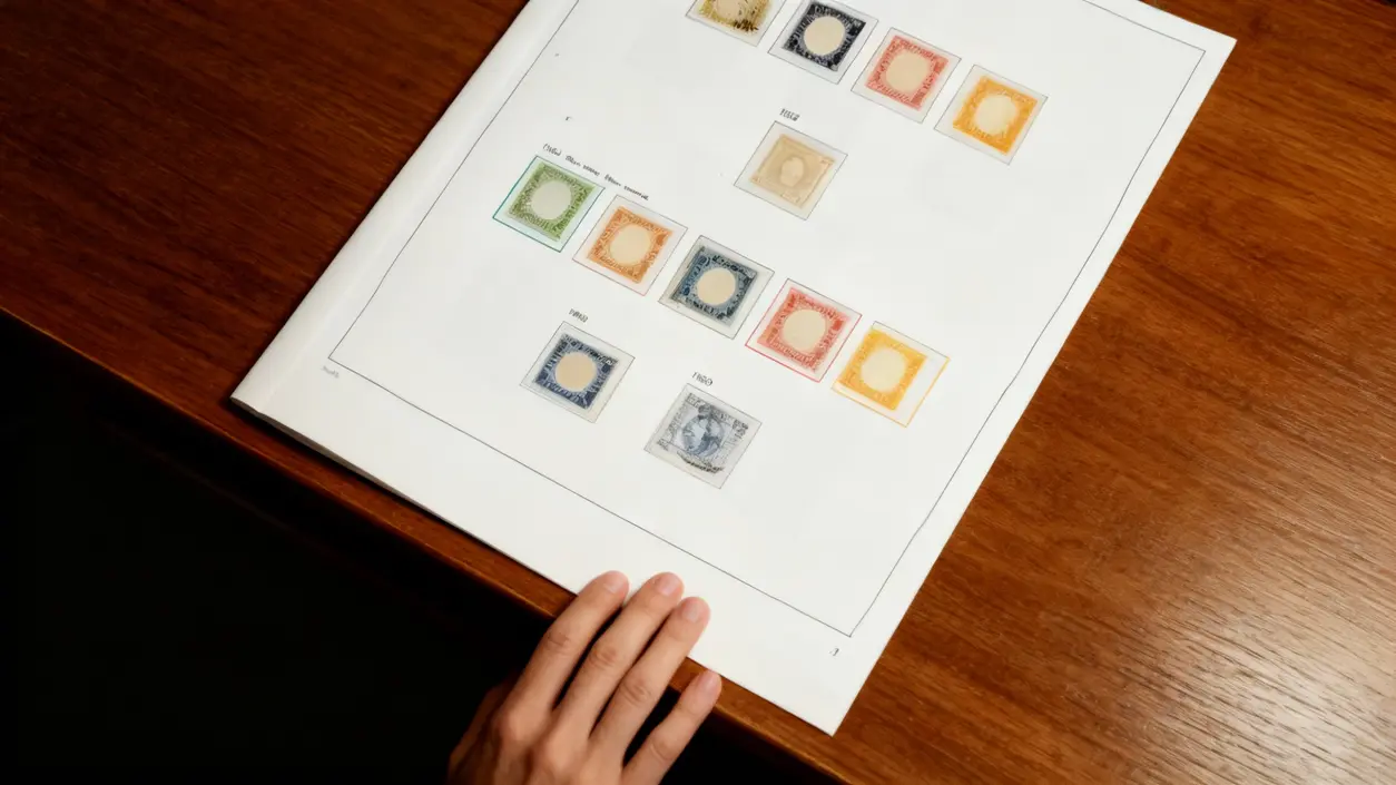 Mano che sfoglia un album di francobolli storici su un tavolo in legno