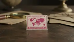 Francobollo Gronchi Rosa su un tavolo con lente d’ingrandimento e buste sullo sfondo