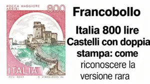 Francobollo italiano da 800 lire con immagine della Rocca Maggiore di Assisi
