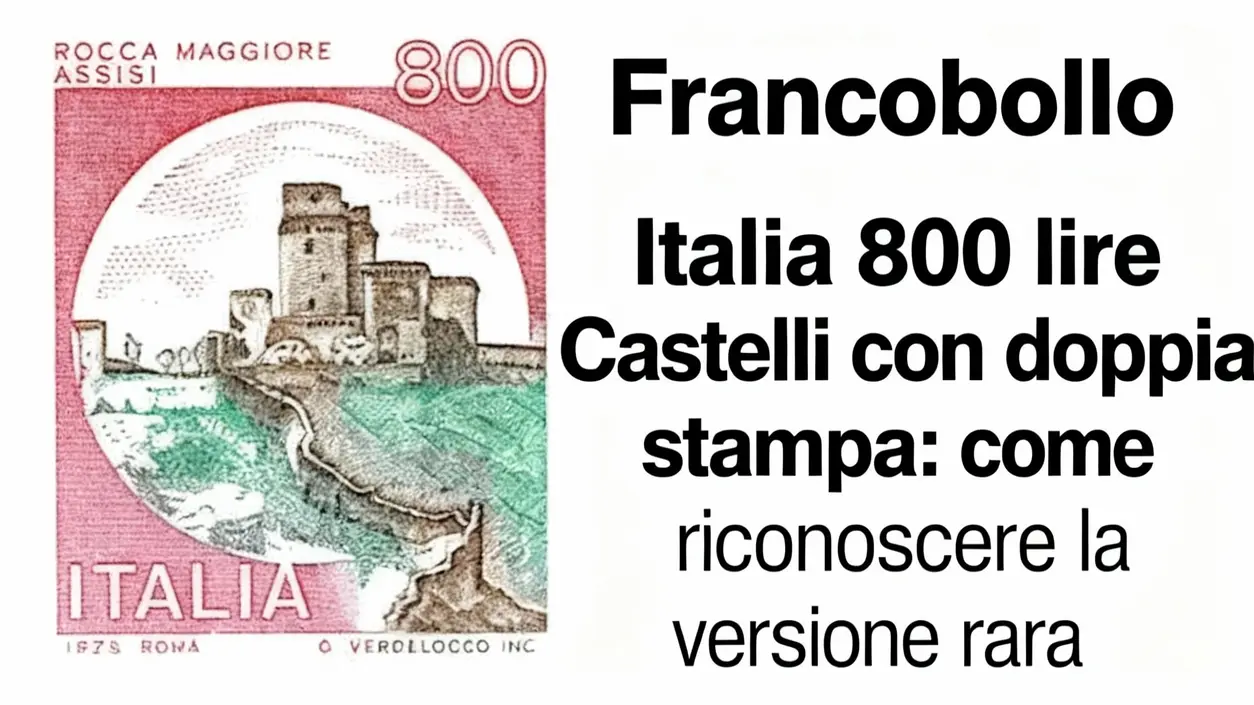 Francobollo italiano da 800 lire con immagine della Rocca Maggiore di Assisi