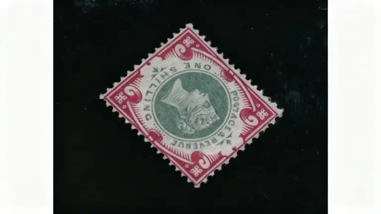 Francobollo vintage con bordo rosso e figura centrale verde su sfondo nero