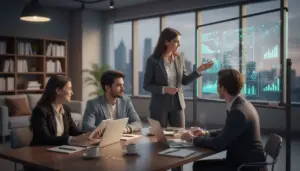 Giovani professionisti in riunione discutono dati su un pannello digitale in un ufficio moderno