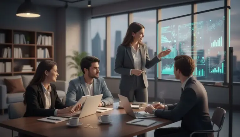 Giovani professionisti in riunione discutono dati su un pannello digitale in un ufficio moderno