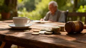 Monete, martelletto e tazza su un tavolo di legno con una persona anziana sfocata sullo sfondo