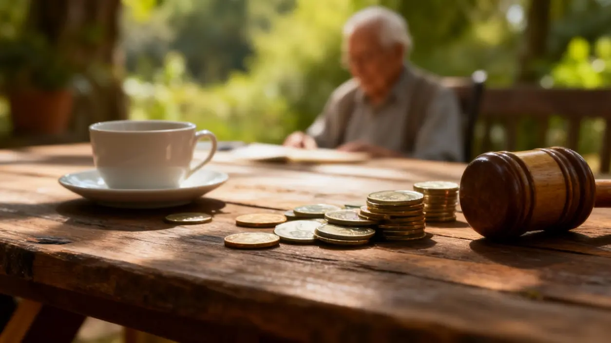 Monete, martelletto e tazza su un tavolo di legno con una persona anziana sfocata sullo sfondo