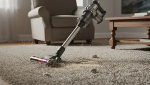 Scopa elettrica su tappeto danneggiato in un salotto