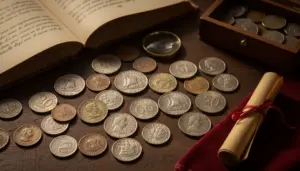 Collezione di monete rare disposte su un tavolo con lente d'ingrandimento e libro antico