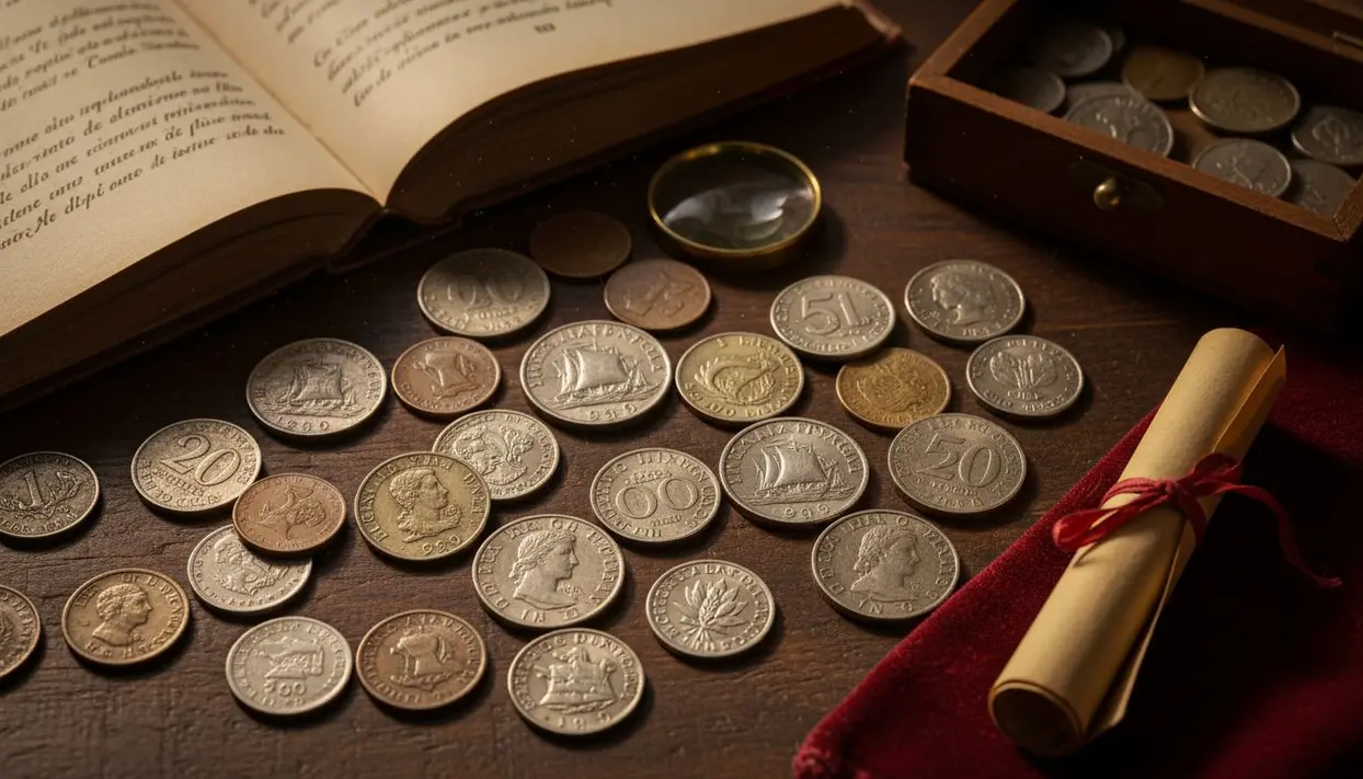 Collezione di monete rare disposte su un tavolo con lente d'ingrandimento e libro antico