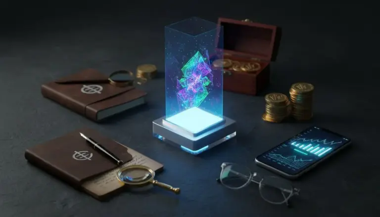 Oggetto digitale futuristico con grafici, monete e taccuini su un tavolo