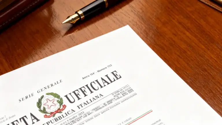 Documento della Gazzetta Ufficiale su un tavolo in legno con penna stilografica