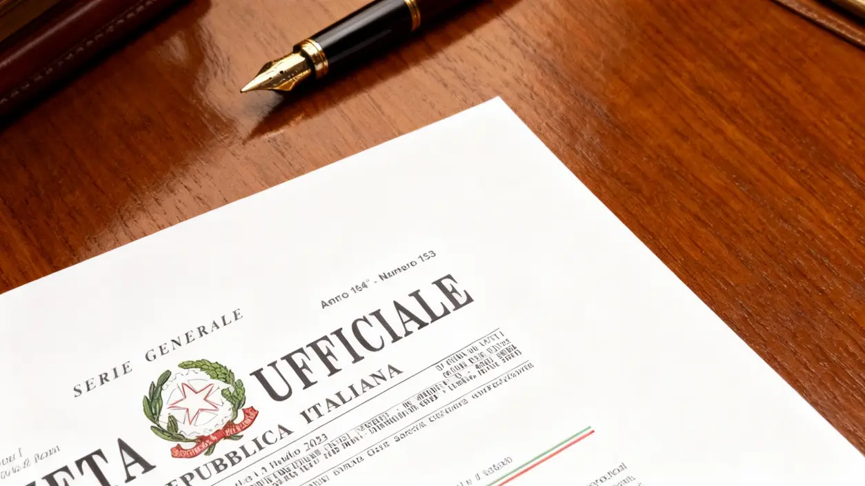 Documento della Gazzetta Ufficiale su un tavolo in legno con penna stilografica