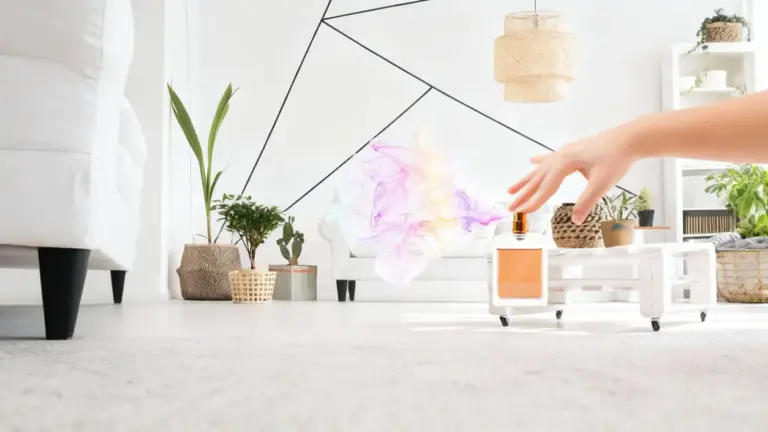 Mano che spruzza profumo in un salotto luminoso con piante e arredamento moderno