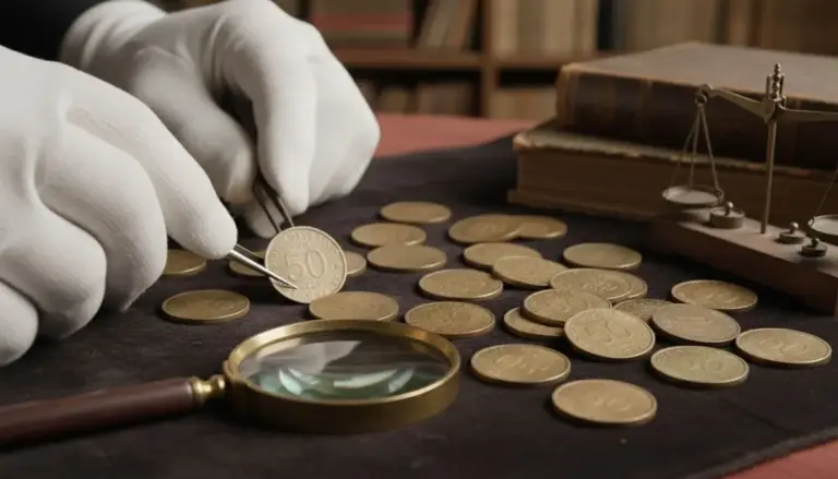 Mani con guanti bianchi esaminano una moneta da 50 lire con pinzette, circondate da altre monete su un tavolo.